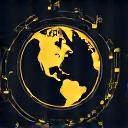 Icon of a globe with music notes circulating it.